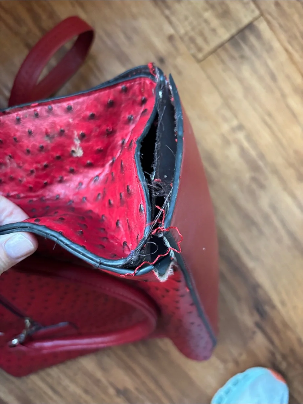 Red Fauxe-Ostrich MK Satchel Handbag with Gold Accent
